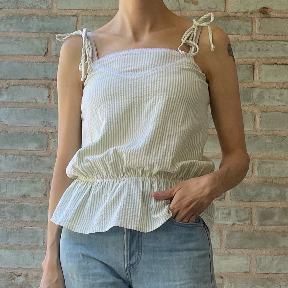 Delia’s Tank Top Cami Green Stripe Seersucker Tie Strap Elastic Waist Peplum Top